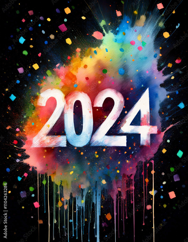 Poster colorful 2024 text with vibrant splashes and confetti on a dark background