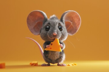 A cute cartoon mouse holding a piece of cheese against a bright orange background.