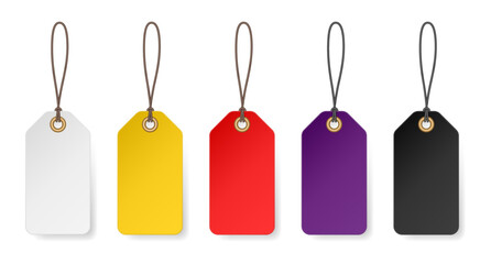 Set of white, yellow, red, purple and black price tags. Luggage tag. Cardboard label for clothes.