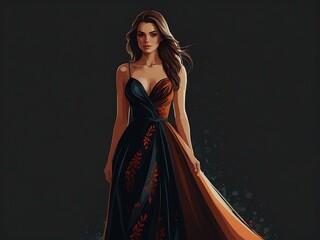 Beautiful girl in a long dress, vector illustration on dark background.