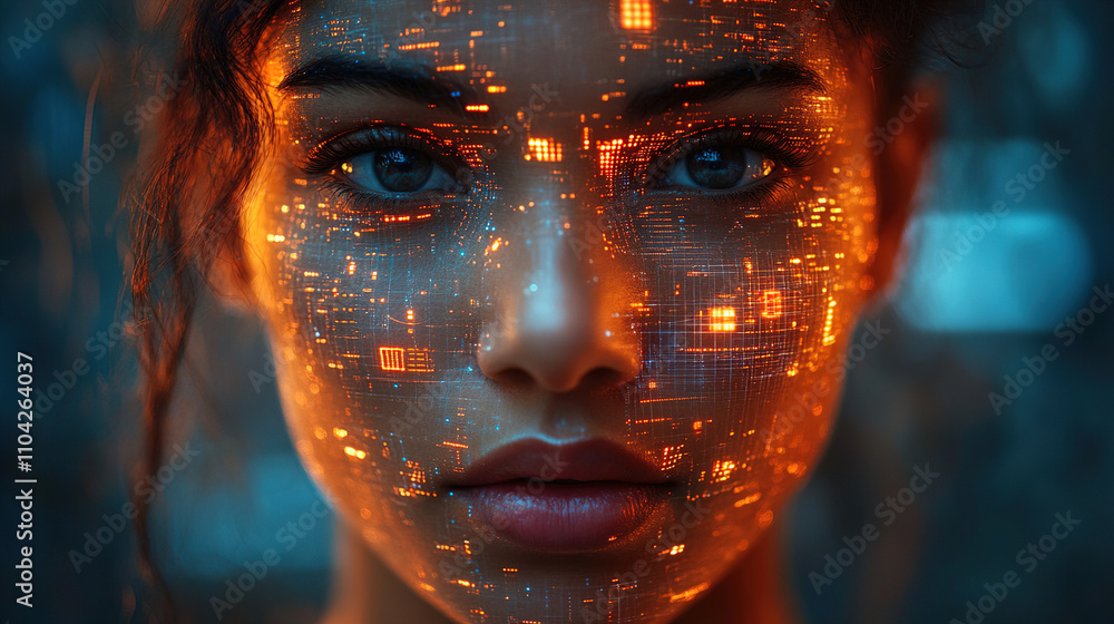 Aufkleber portrait of a woman with glowing digital patterns on her face, merging technology with human express