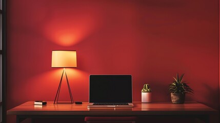 A sleek writing desk with a laptop setup in a cozy home office against a solid dark red wall