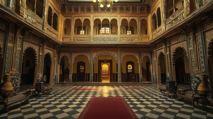 Double-Storied Grand Indian Palace Atrium Showcasing Rich Architectural Detailing generative ai