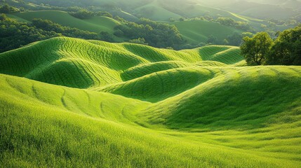 Rolling green hills and fields under sunlight.