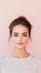 Fototapeta premium Young woman with natural beauty poses against a pink backdrop during daylight