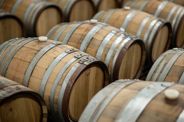 Oak barrels aging wine or whiskey in dark cellar of winery or distillery, storing alcoholic beverages