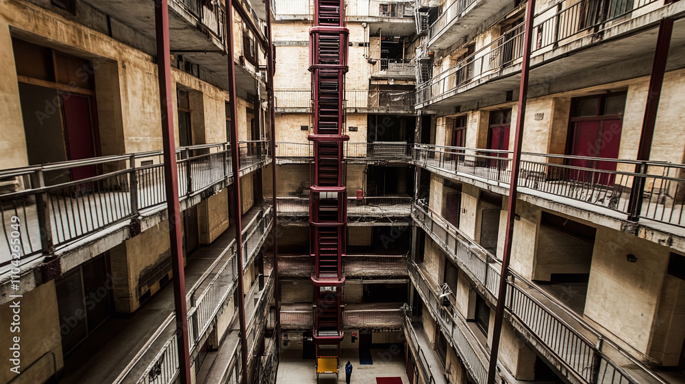 Aufkleber an apartment complex where each floor exists in a different time period connected by elevators that 