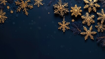 dark blue christmas background with golden snowflakes