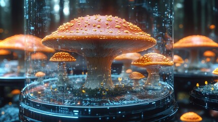 Futuristic display of Amanita muscaria mushrooms in a high-tech glass cylinder habitat