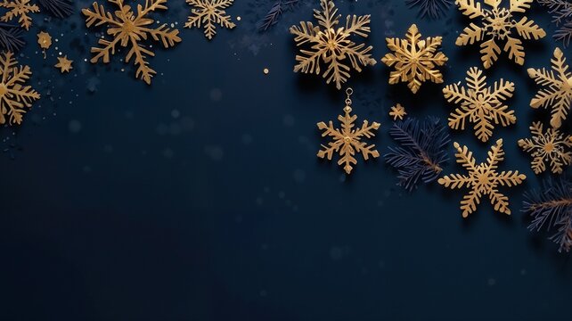dark blue christmas background with golden snowflakes - Powered by Adobe