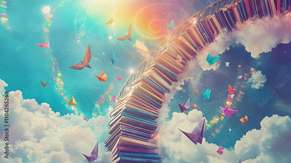 Poster an endless spiral staircase made of weathered books ascending through clouds shaped like library she
