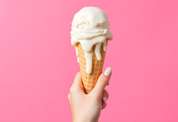 womand hand holding ice cream on pink background