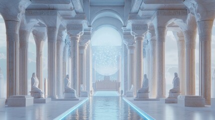 Fototapeta premium Techno-Sacred: Ultra-Detailed Futuristic Ancient-Egyptian Ceremonial Chamber with Holographic Hieroglyphs and Advanced Rituals