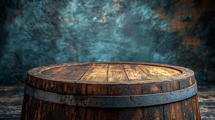 A rustic wooden barrel on a textured background, ideal for product displays or photography.