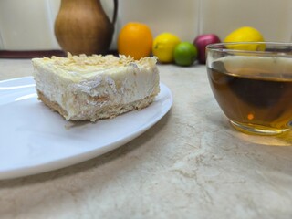 piece of cottage cheese cake on a plate. High quality photos