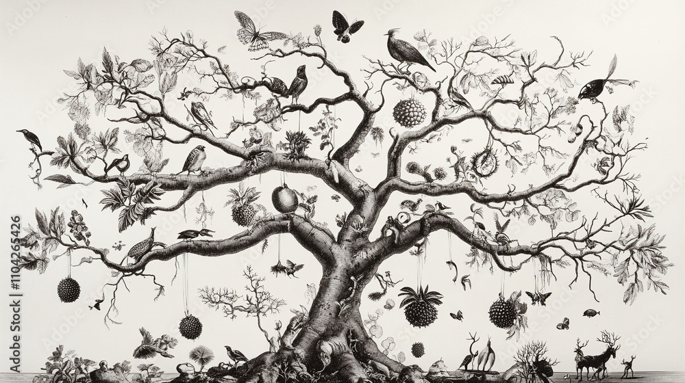 Aufkleber an evolutionary tree growing through dimensions each branch bearing fruit that contains entire alter