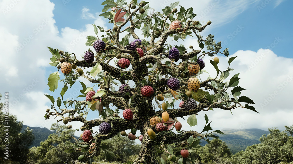 Aufkleber an evolutionary tree growing through dimensions each branch bearing fruit that contains entire alter
