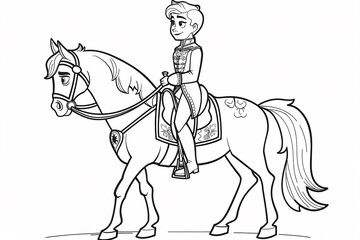 Fototapeta premium A young boy, dressed as a prince, rides a beautifully adorned horse with elegance and charm, showcasing a whimsical equestrian scene.