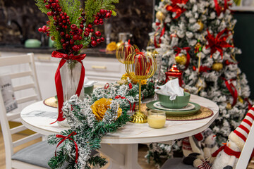 Christmas table setting in store. Kitchen furniture store