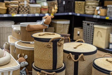 Sale of various boxes and baskets for storage in the store. Goods for the organization of order in the house