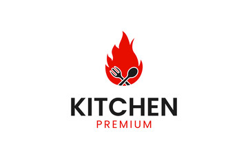 Kitchen logo design with fork spoon and fire vector concept template illustration