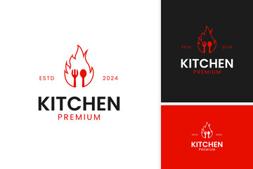 Creative fork and spoon with fire logo design vector concept template illustration