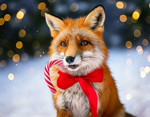 Fototapeta premium Weihnachtsfuchs mit roter Schleife und Zuckerstange in winterlicher Landschaft