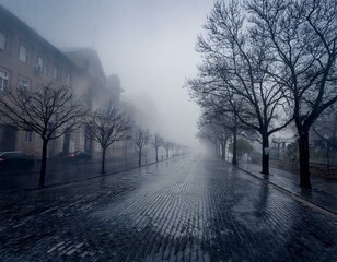 A desolate city on a grey and rainy day, with thick fog covering the streets, leafless trees, and a feeling of gloom in the air. The sky is covered in grey and heavy clouds, conveying a feeling of lon