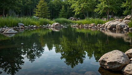 Beautiful pond with rocks and trees.