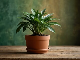 Beautiful potted plant in a clay pot sits on a wooden table against a vibrant green background, adding freshness to the space.
