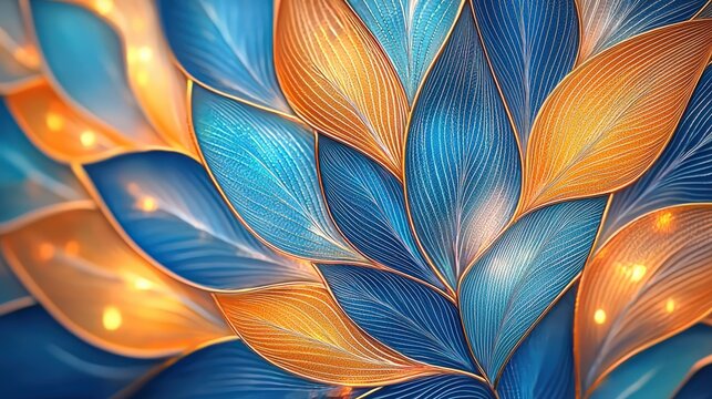 A vibrant and colorful abstract design featuring stylized leaves in shades of blue and orange, perfect for artistic and creative projects.