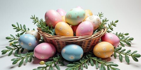 Colorful Easter eggs in basket with greenery