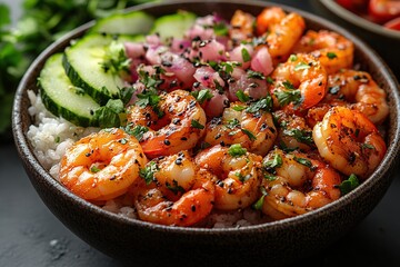 Healthy poke bowl with rice, vegetables and shrimps