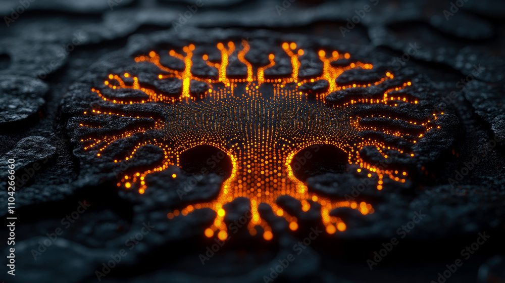 Poster a glowing tree design emerges from a textured surface, with luminous branches radiating light in the