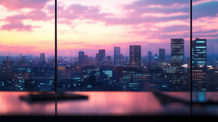 Blurred office workspace in the evening , interior workplace with cityscape for business presentation background, AI generated