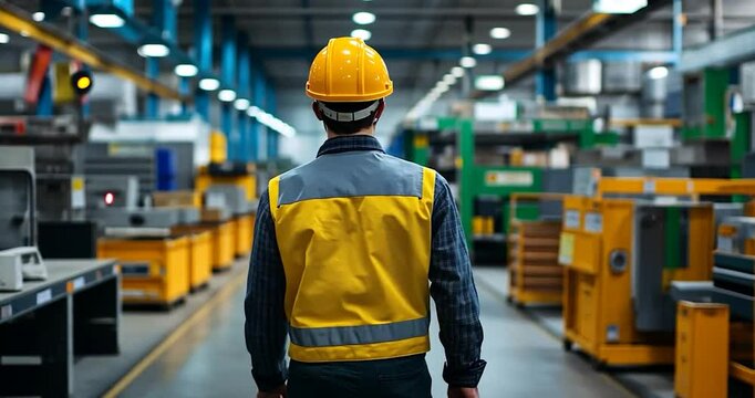a man&rsquo;s boots walking steadily through the clean, modern factory hall. The yellow helmet and coat are faintly visible as the soft lighting highlights the smooth floor and the machinery in the distance