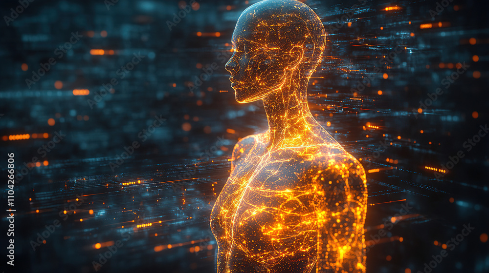 Poster digital silhouette of a humanoid figure illuminated by glowing lines in a futuristic setting. genera