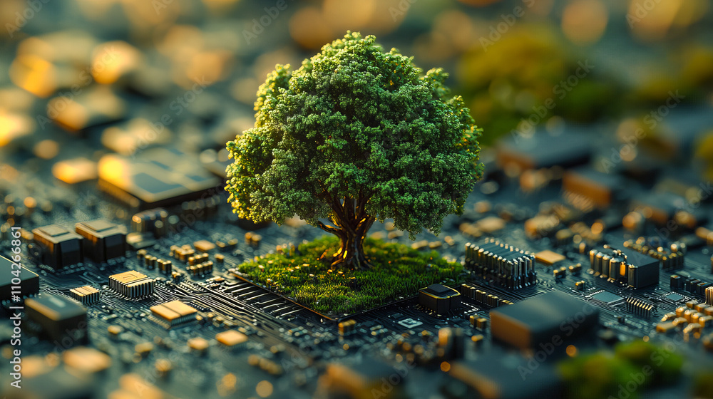 Poster majestic tree on circuit board symbolizing nature and technology integration