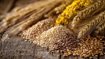 A rustic arrangement of various grains and seeds on a wooden surface, highlighting their textures and colors, while jars in the background evoke a sense of natural abundance and nutrition.