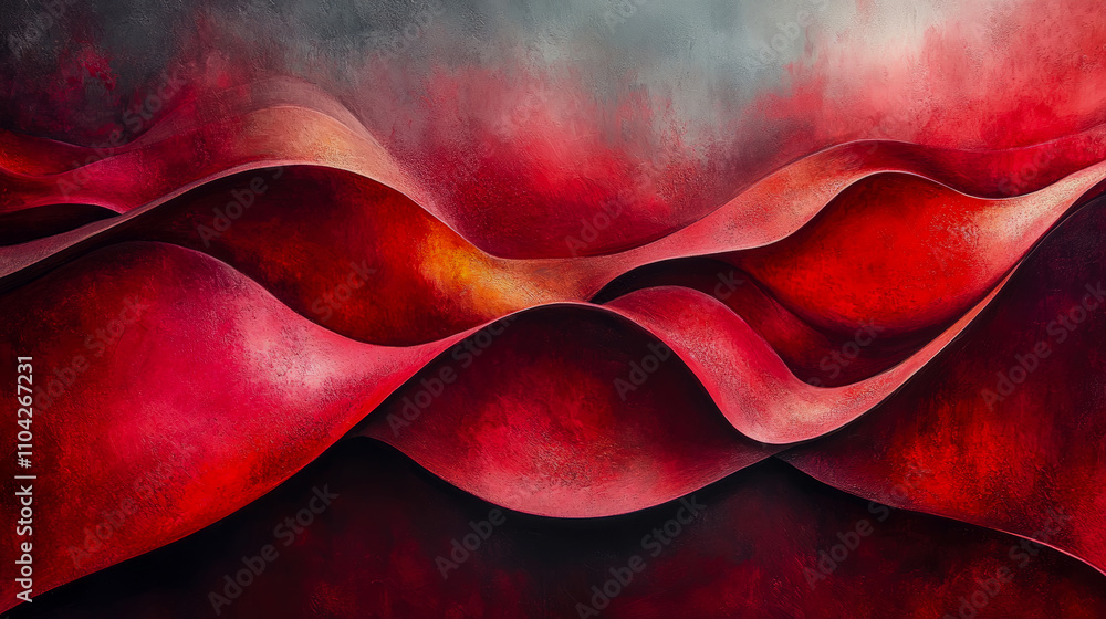 Poster flowing curves in vibrant red tones form an abstract landscape, showcasing depth and movement agains