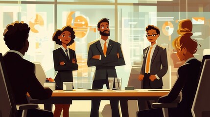 A diverse team of business professionals meets in a conference room. The office is bustling with creative people working on app design, data analysis, and social media strategy