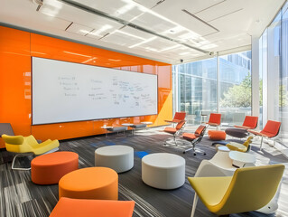 Office interior signage mockups - Modern collaborative workspace with colorful seating and a large whiteboard for brainstorming.