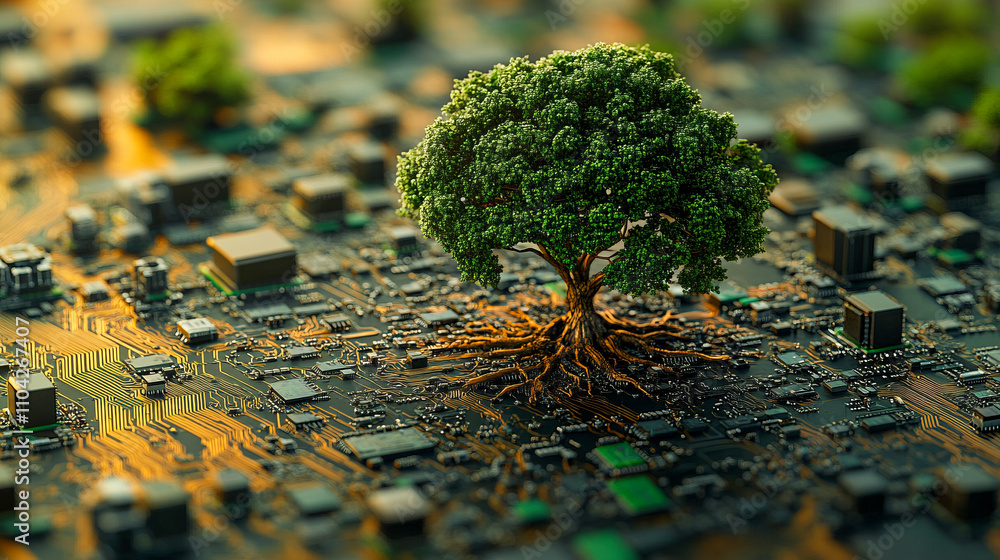 Poster lush tree growing from complex circuit board in a symbolic fusion of nature and technology