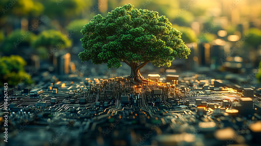 Sticker tree growing from circuitry in urban setting with morning light