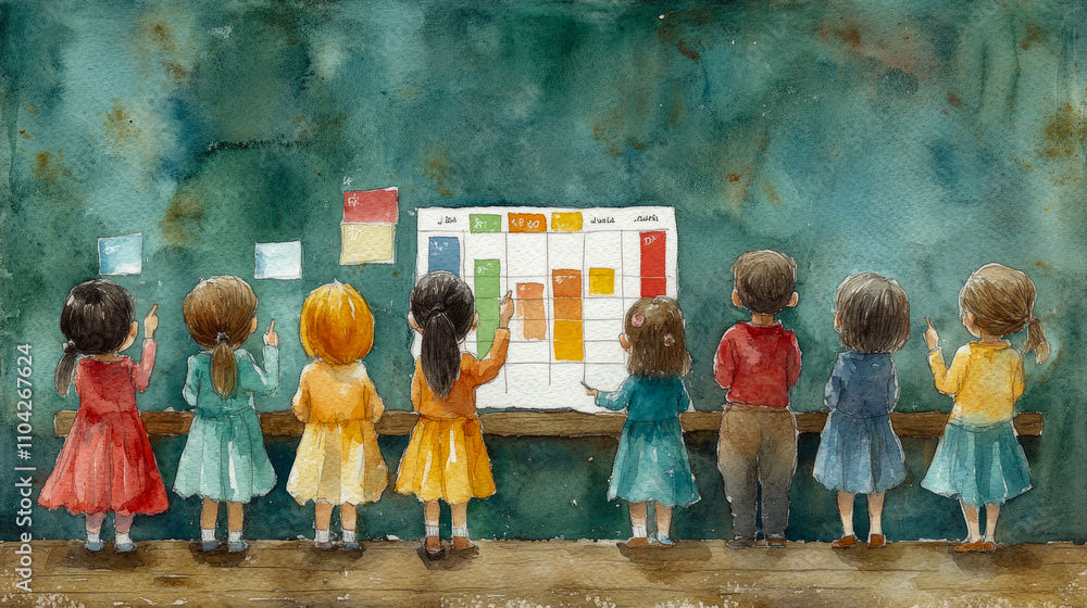Poster a group of children stands together in a classroom, participating in an interactive learning session