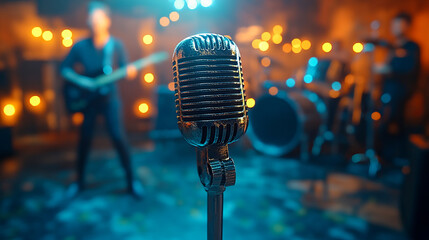 Vintage microphone on stage with blurred band in background