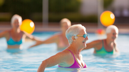 Elderly caucasian women enjoying water aerobics in pool