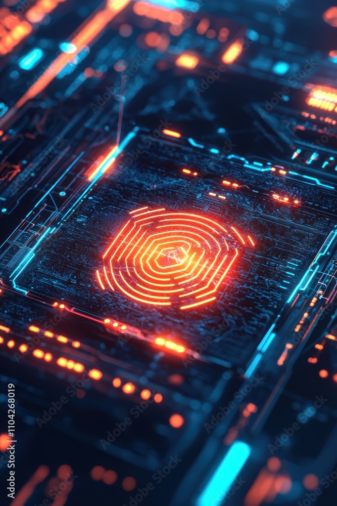 Aufkleber biometric security visualization: digital fortress of glowing lines and protective elements
