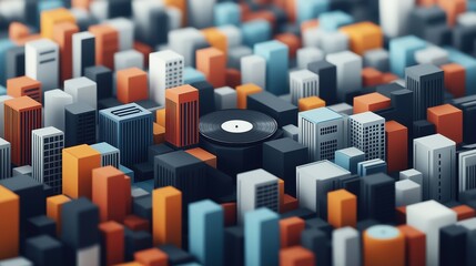 Fototapeta premium Abstract cityscape of colorful geometric buildings with a vinyl record at the center, symbolizing urban music theme.