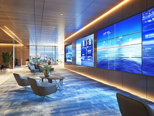 Office interior signage mockups - Modern office space featuring digital displays and comfortable seating for collaboration.